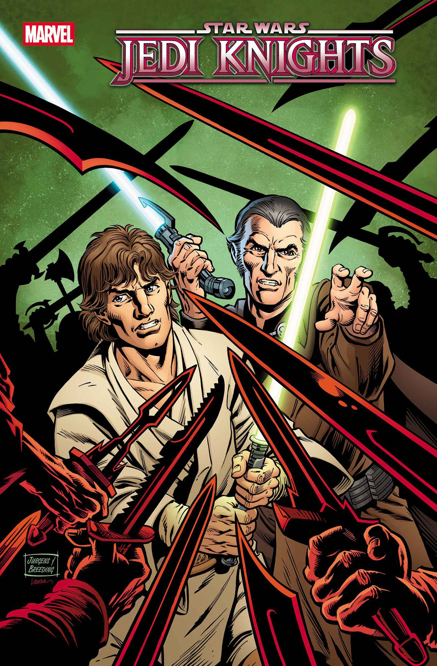 Comic book cover featuring two characters with lightsabers from 'Star Wars: Jedi Knights'.