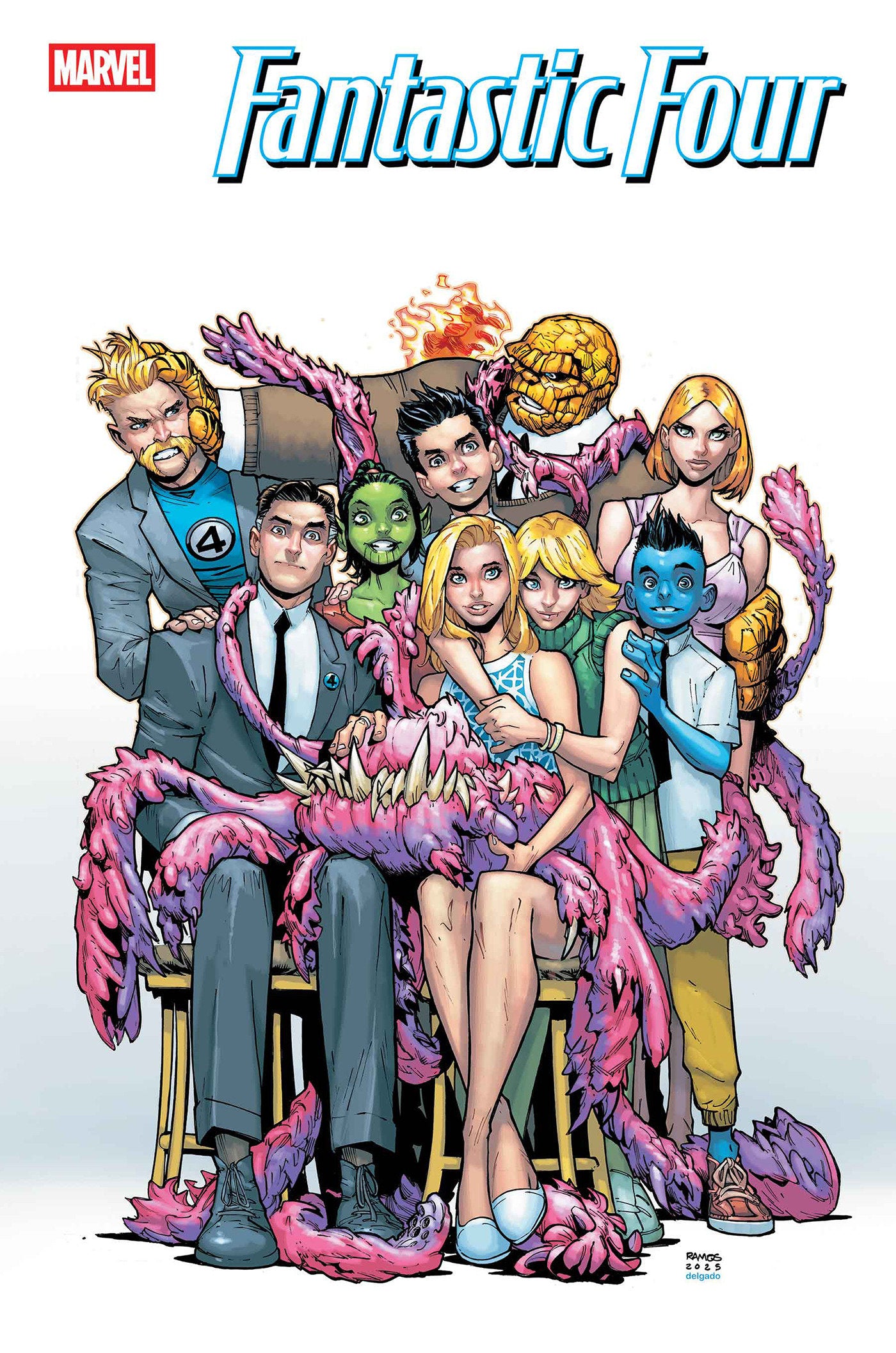 Marvel Fantastic Four team sitting together on a couch with their unique abilities displayed above them.