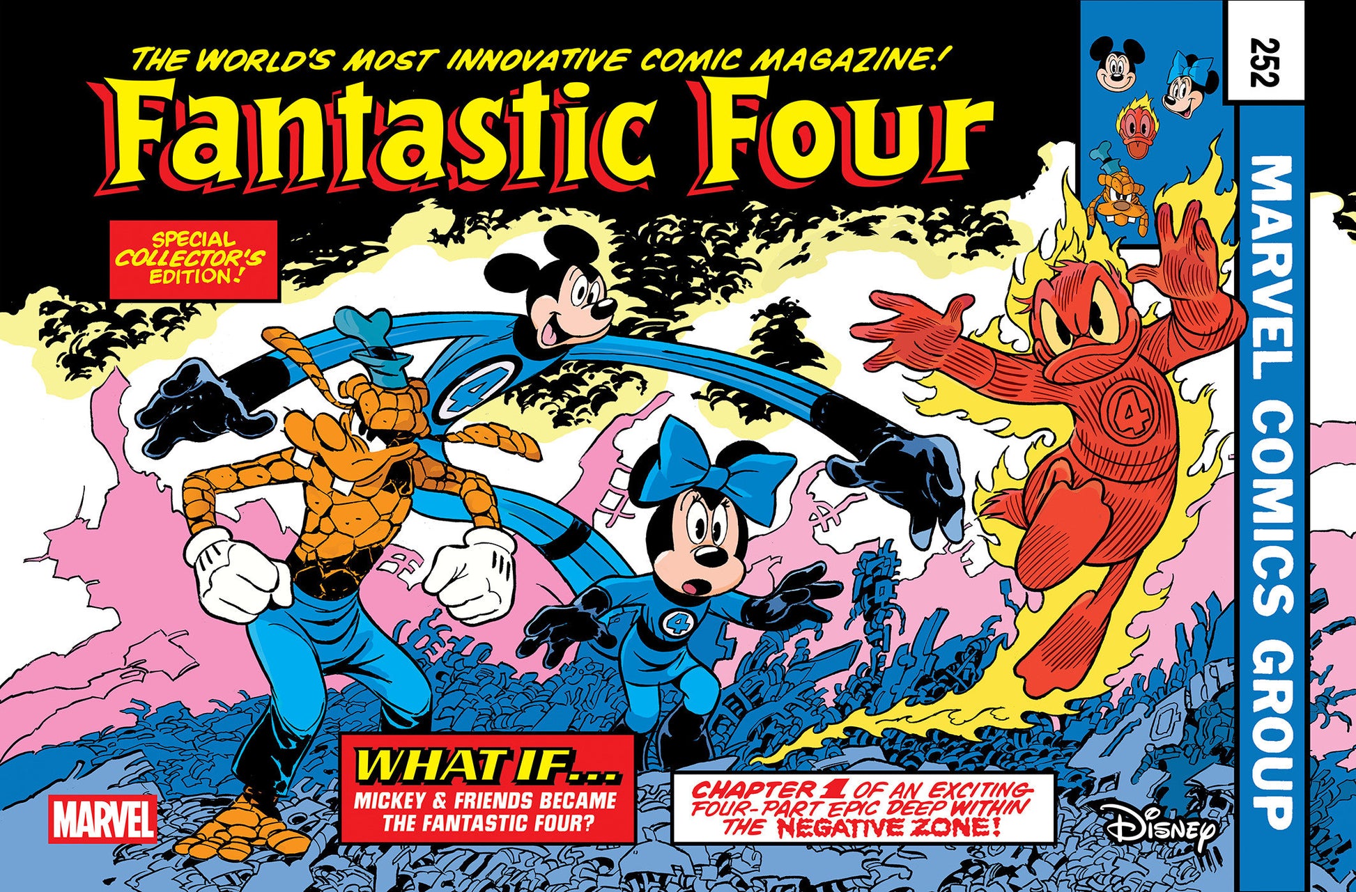 Comic book cover of 'Fantastic Four' featuring Mickey Mouse and friends with Marvel logo.