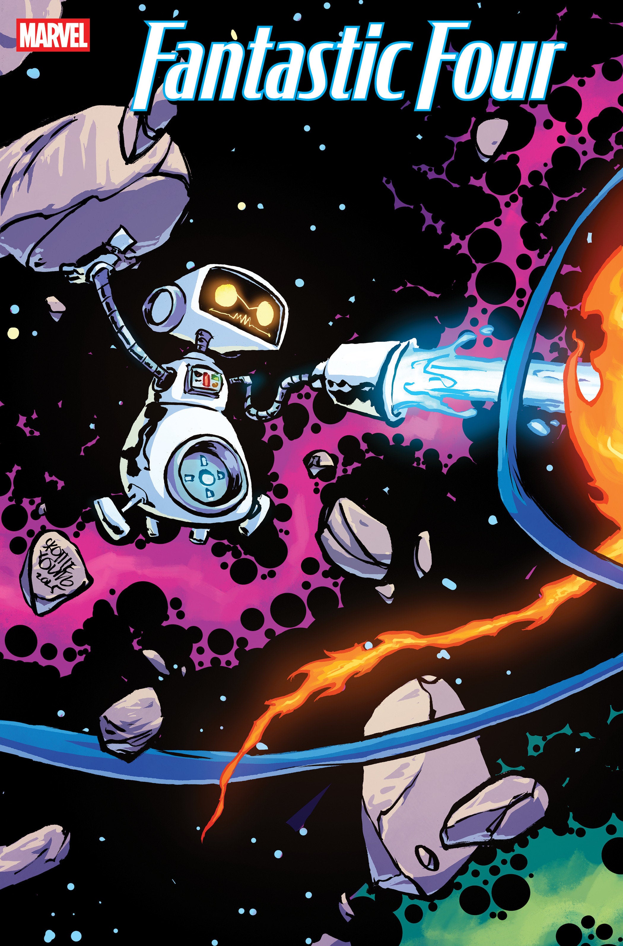 Comic book cover featuring a robot and cosmic elements with 'Fantastic Four' branding.