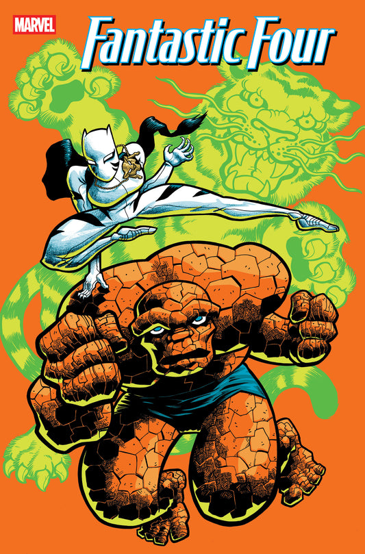 Comic book cover featuring two characters with a large creature-like figure on an orange background.