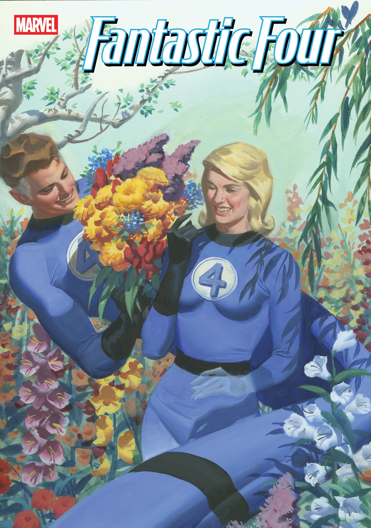 Two characters in superhero costumes surrounded by flowers with 'Marvel Fantastic Four' text.