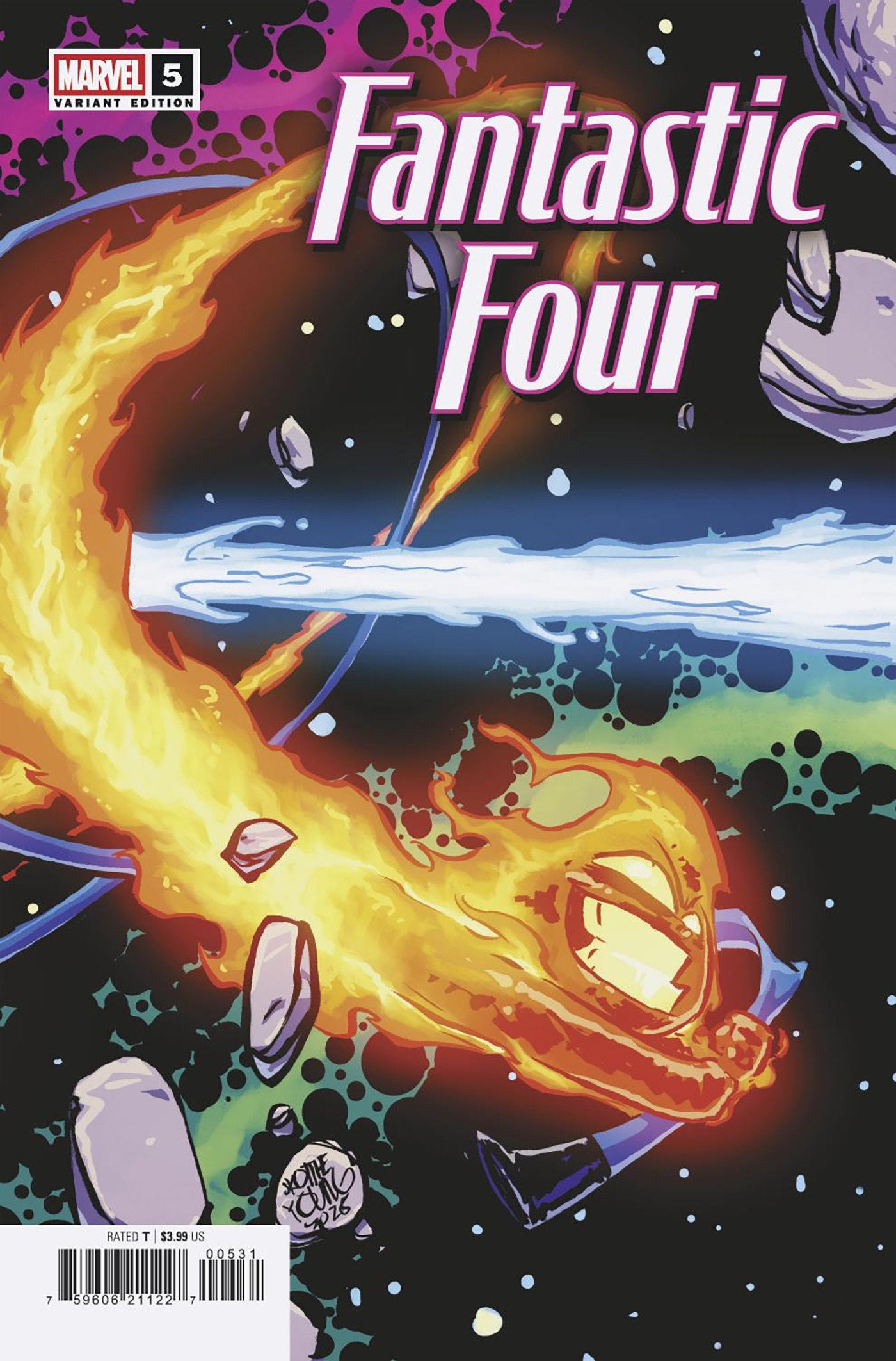 Comic book cover of 'Fantastic Four' with colorful energy effects and Marvel logo.