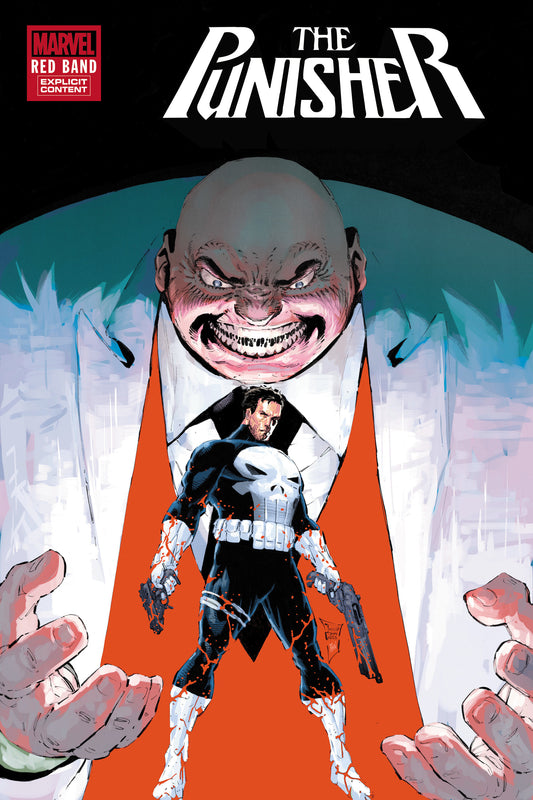 Comic book cover featuring 'The Punisher' with a large head and cityscape background.