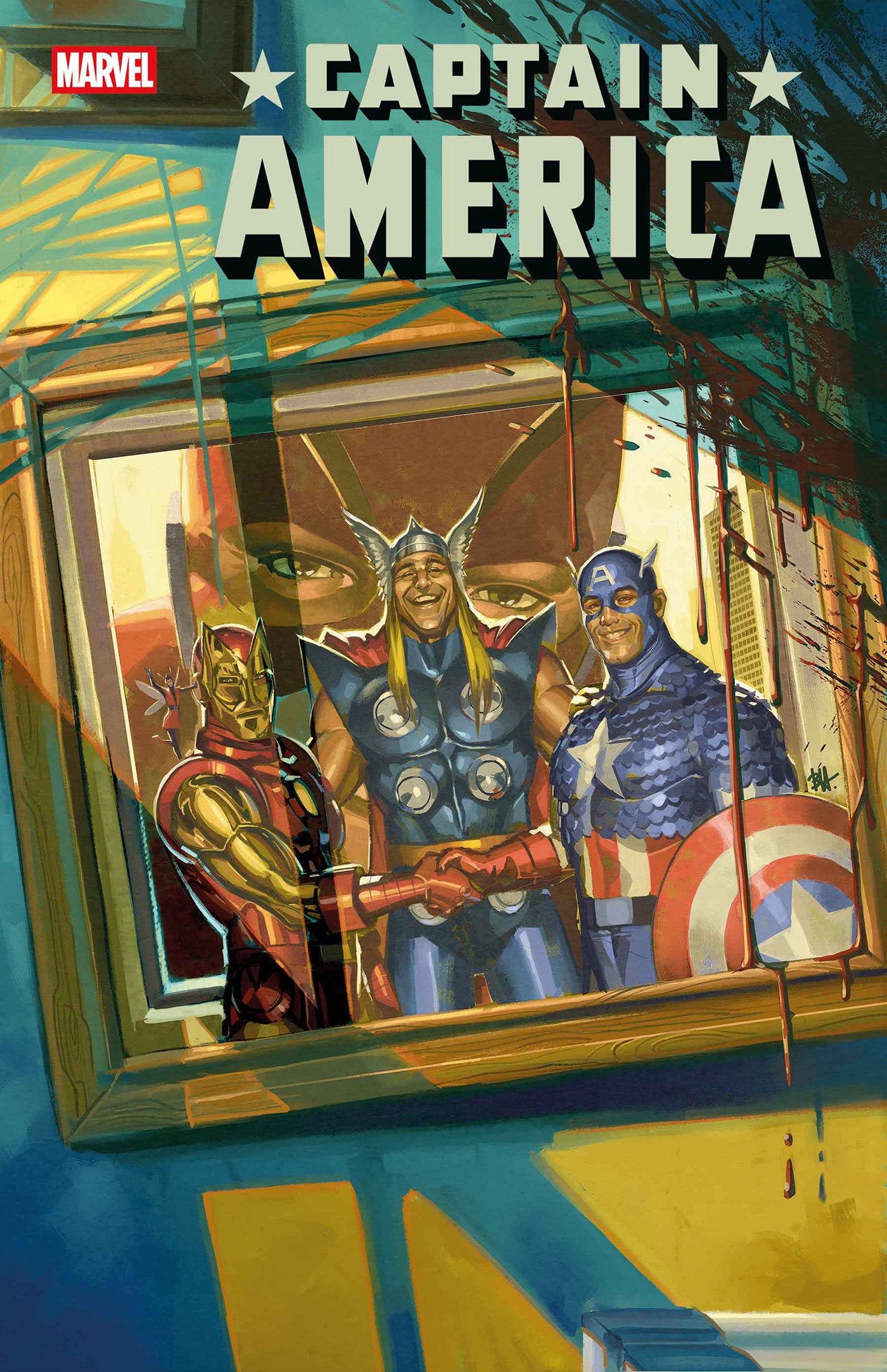Comic book cover featuring Captain America and other superheroes with a colorful frame.