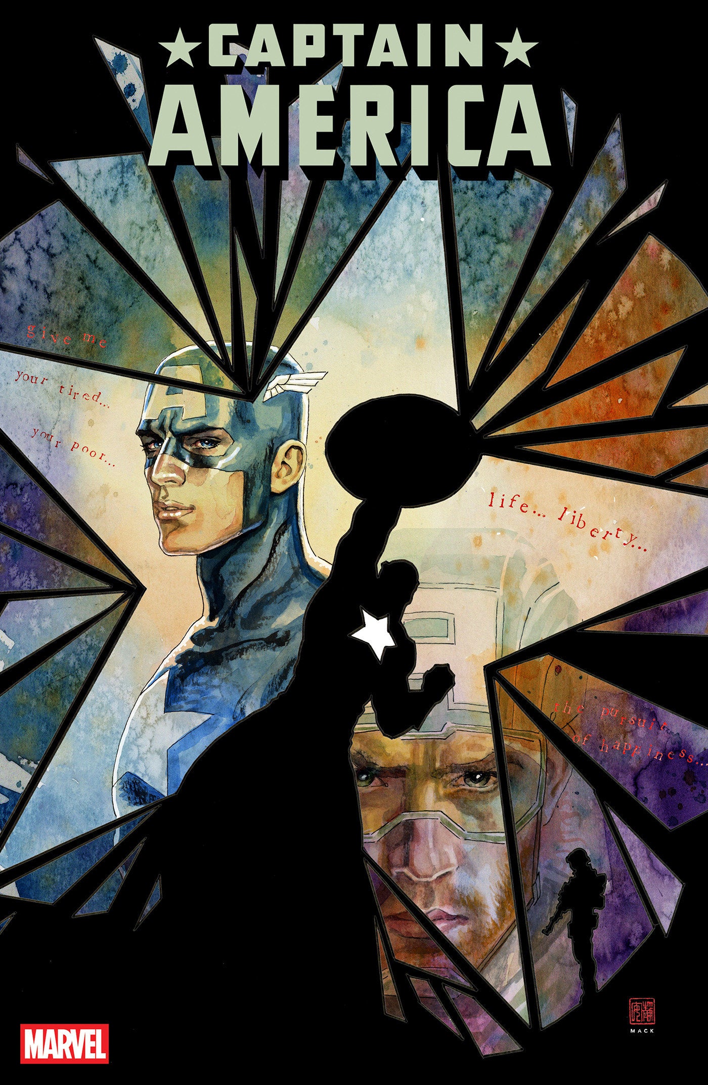 Comic book cover featuring Captain America with geometric design elements