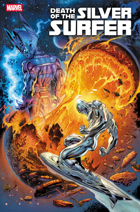 Comic book cover of 'Death of the Silver Surfer' featuring the Silver Surfer and a cosmic battle.