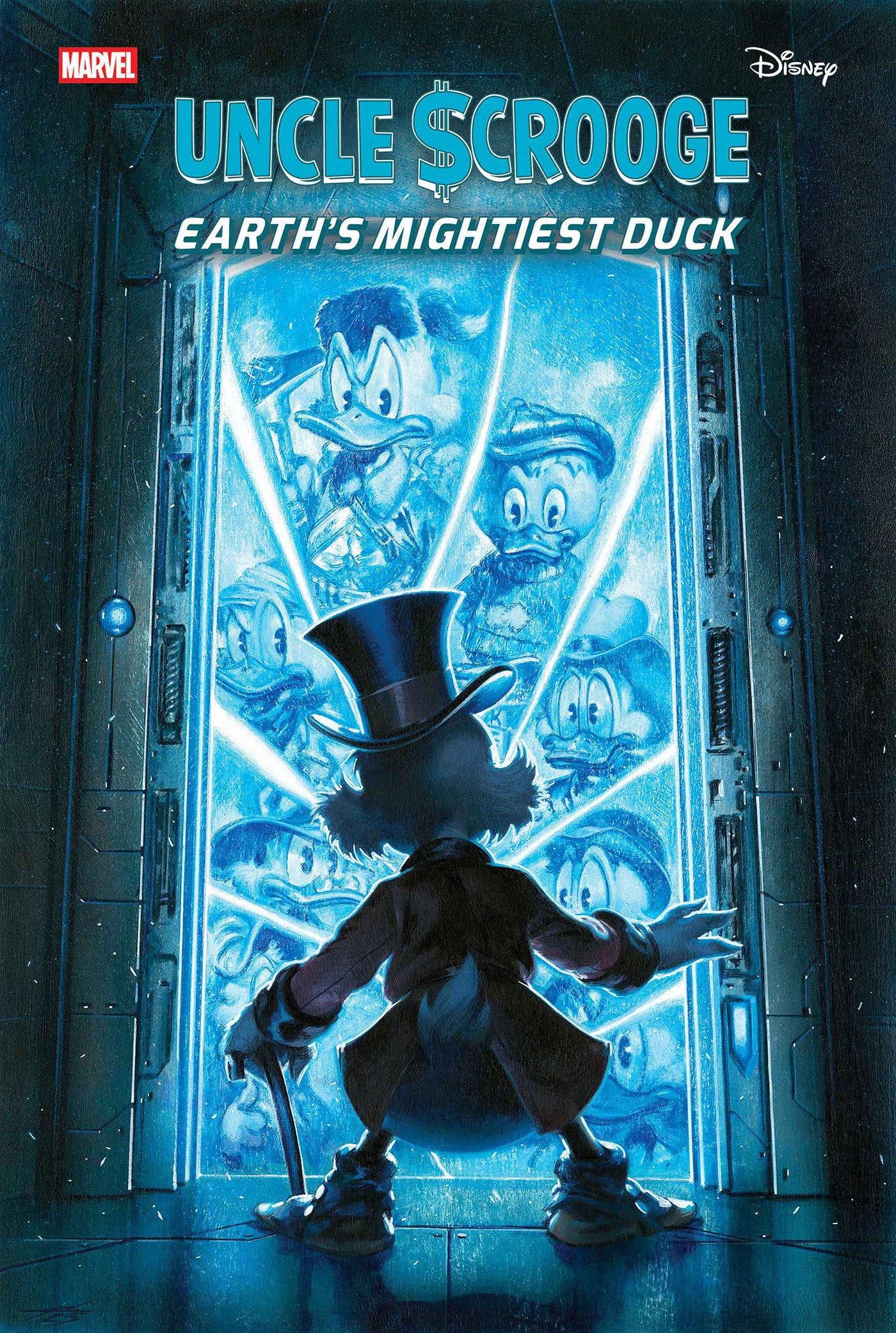 Cover of 'Uncle Scrooge: Earth's Mightiest Duck' featuring a character in a top hat and cane with a blue light effect.
