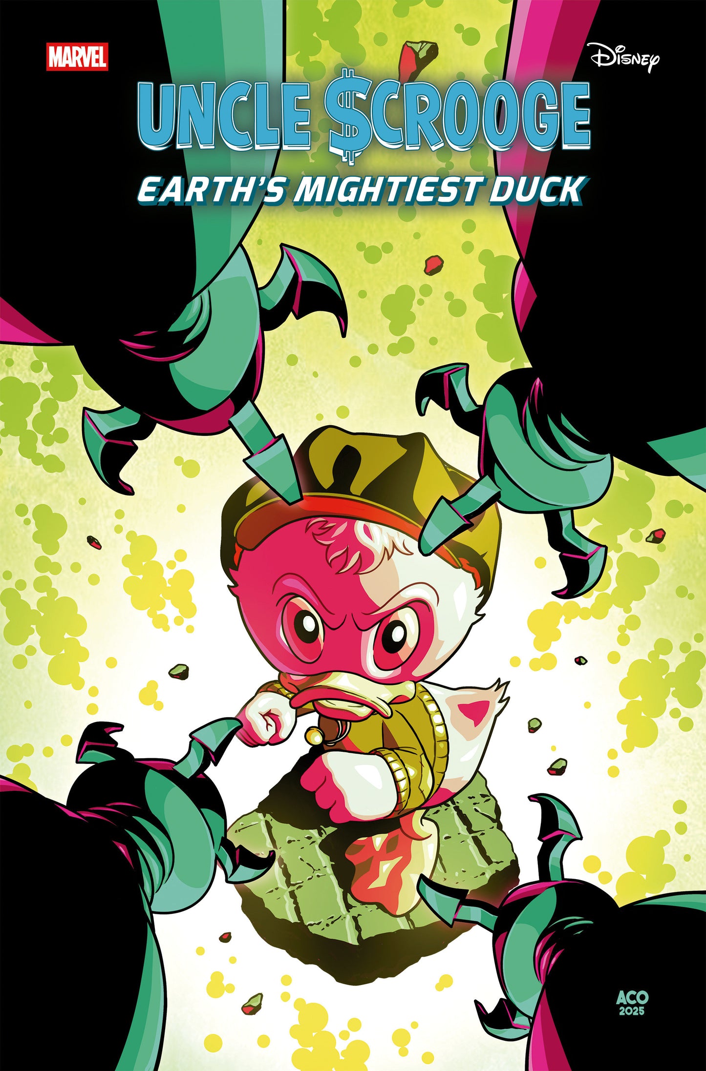 Comic book cover featuring a stylized duck character with colorful background