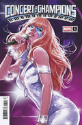Comic book cover featuring a character with red hair and a microphone, titled 'Concert of Champions'.