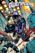 Cover of Gwenpool #1 featuring the character in a purple and black suit in a dynamic action pose with cityscape background, alongside illustrations of other comic book characters.