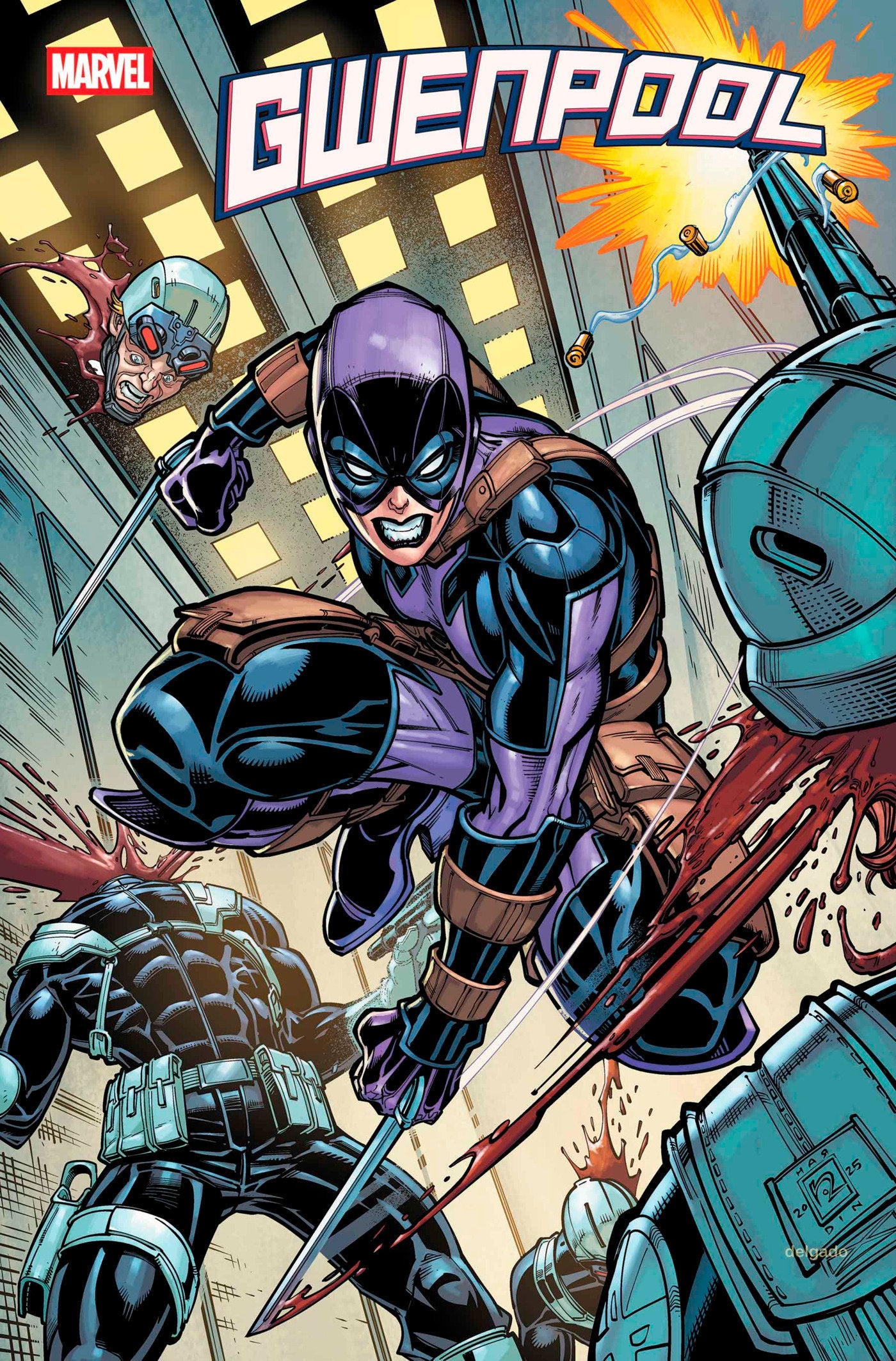 Cover of Gwenpool #1 featuring the character in a purple and black suit in a dynamic action pose with cityscape background, alongside illustrations of other comic book characters.