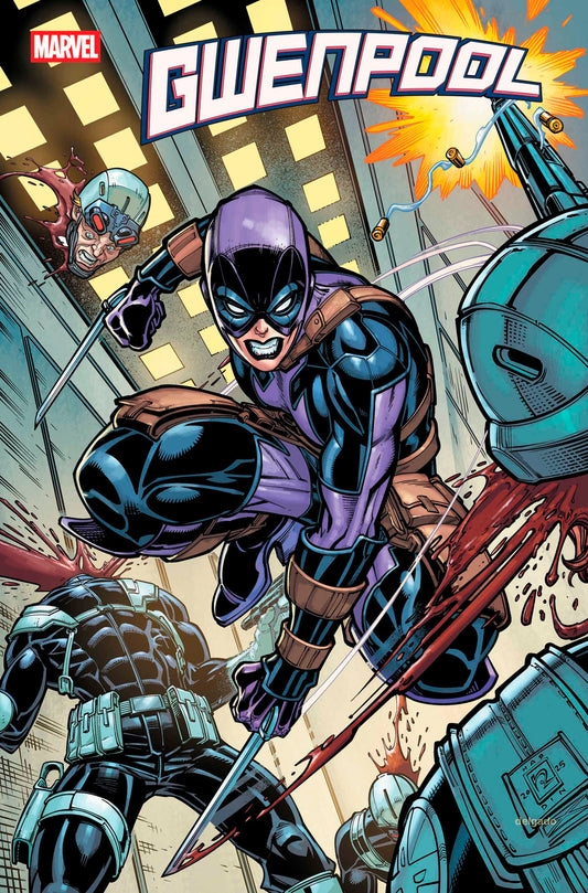 Cover of Gwenpool #1 featuring the character in a purple and black suit in a dynamic action pose with cityscape background, alongside illustrations of other comic book characters.