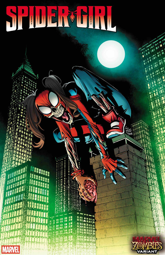 Comic book cover featuring Spider-Girl in a cityscape with a full moon.