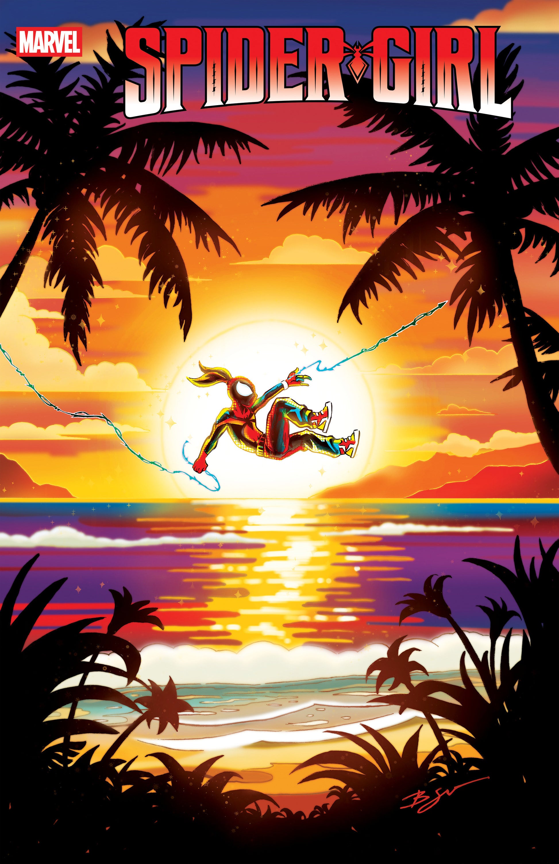 Comic book cover featuring Spider-Girl swinging over a tropical beach at sunset.
