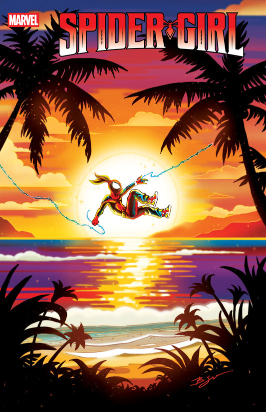 Comic book cover featuring Spider-Girl swinging over a tropical beach at sunset.