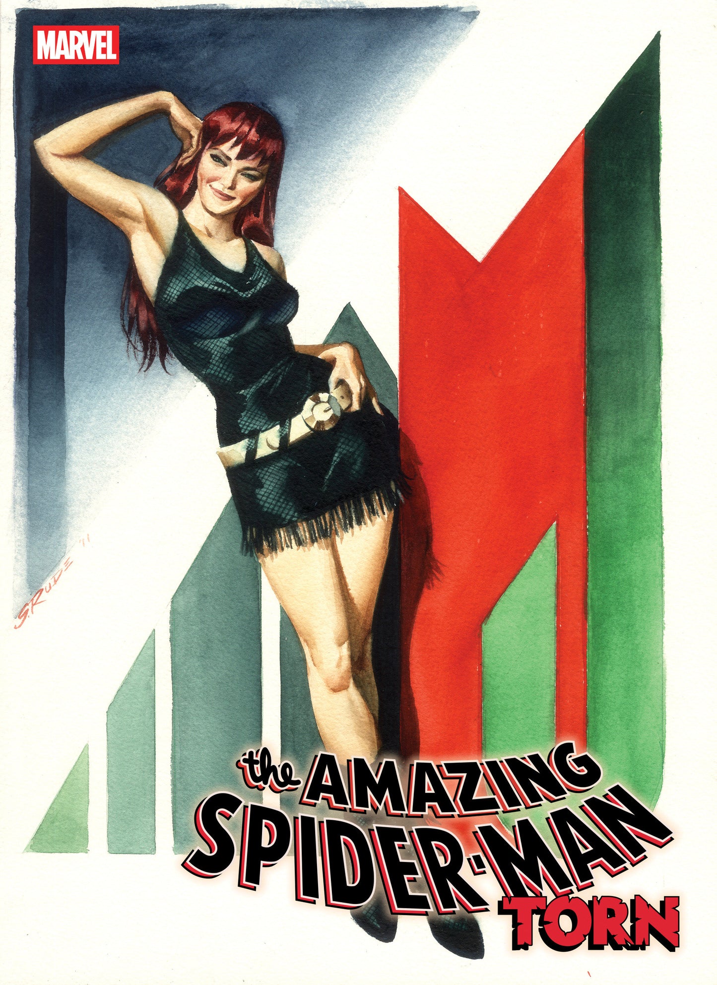 Comic book cover featuring a character in a black dress with a large red 'M' on a white background, Marvel logo visible.