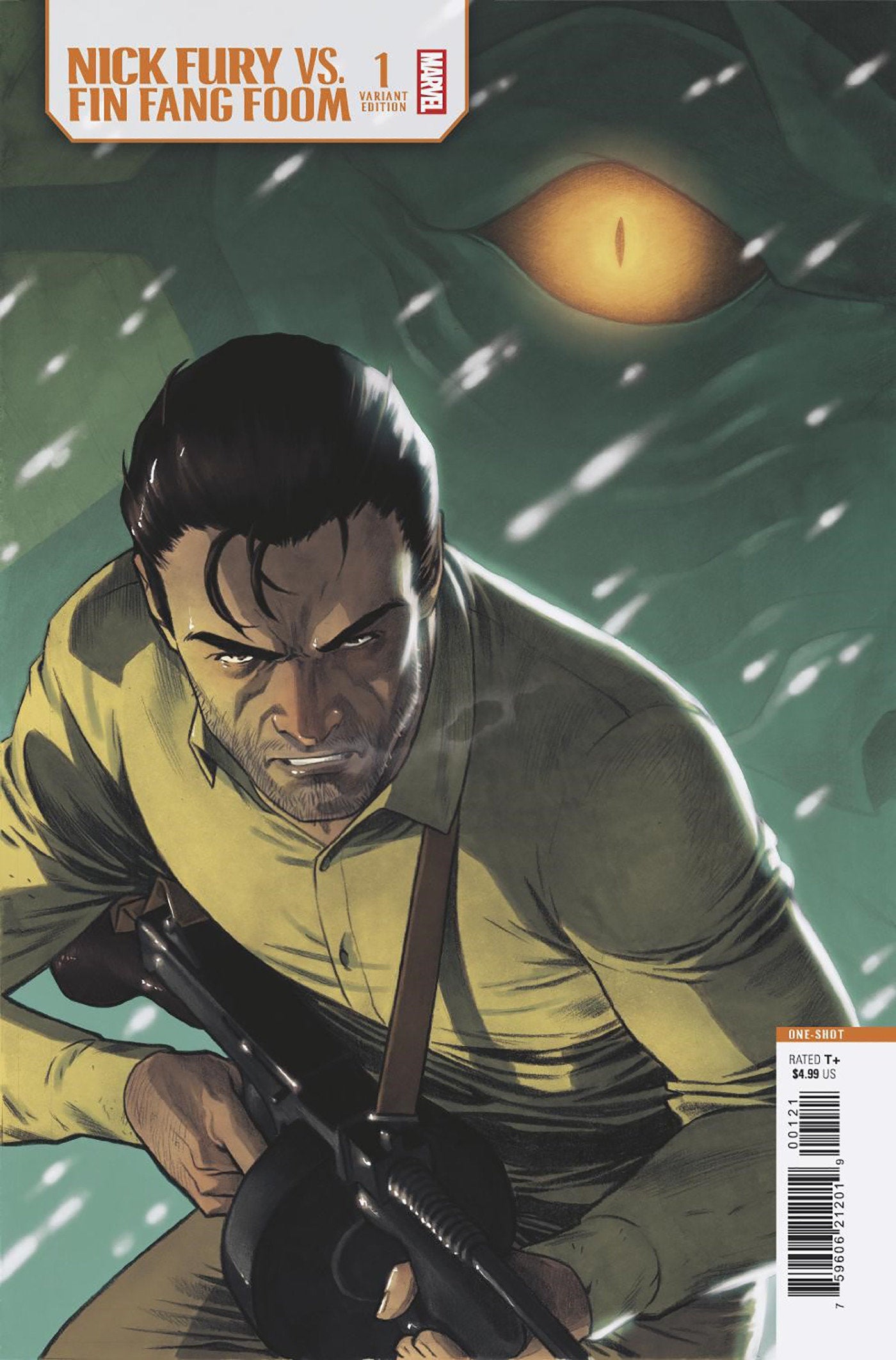 Comic book cover featuring a character holding a gun with a greenish background and eye-like symbol.