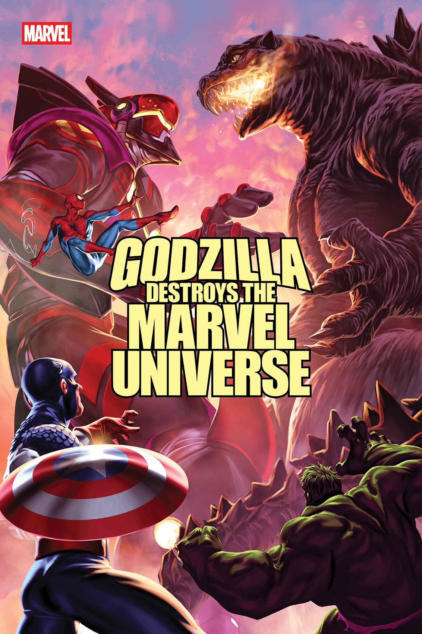 Comic book cover featuring Godzilla destroying the Marvel Universe with superhero characters in the foreground.