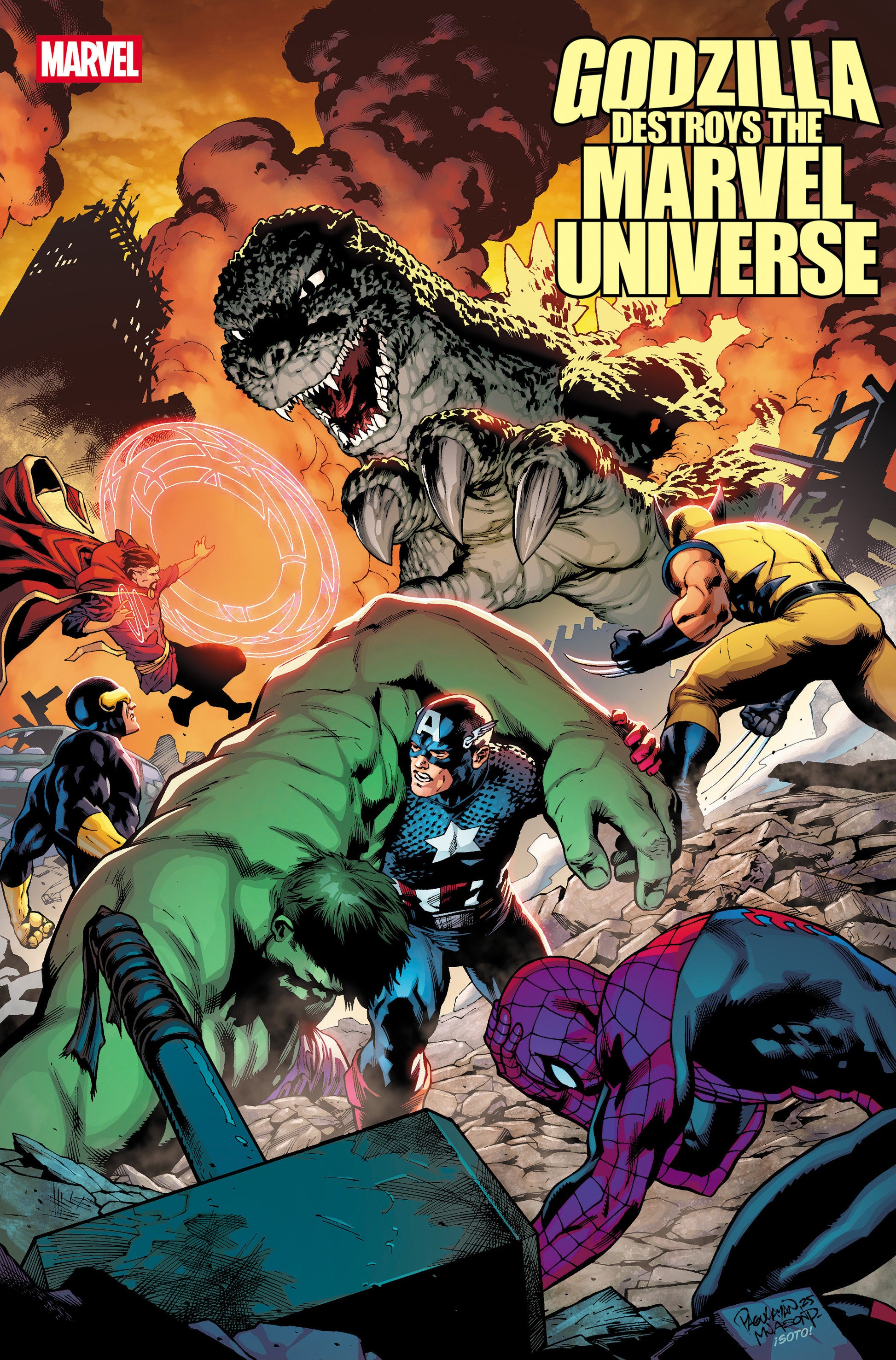 Comic book cover featuring Godzilla destroying the Marvel Universe with various superheroes in the foreground.