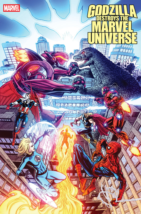 Comic book cover featuring Godzilla destroying the Marvel Universe with superhero characters in the foreground.
