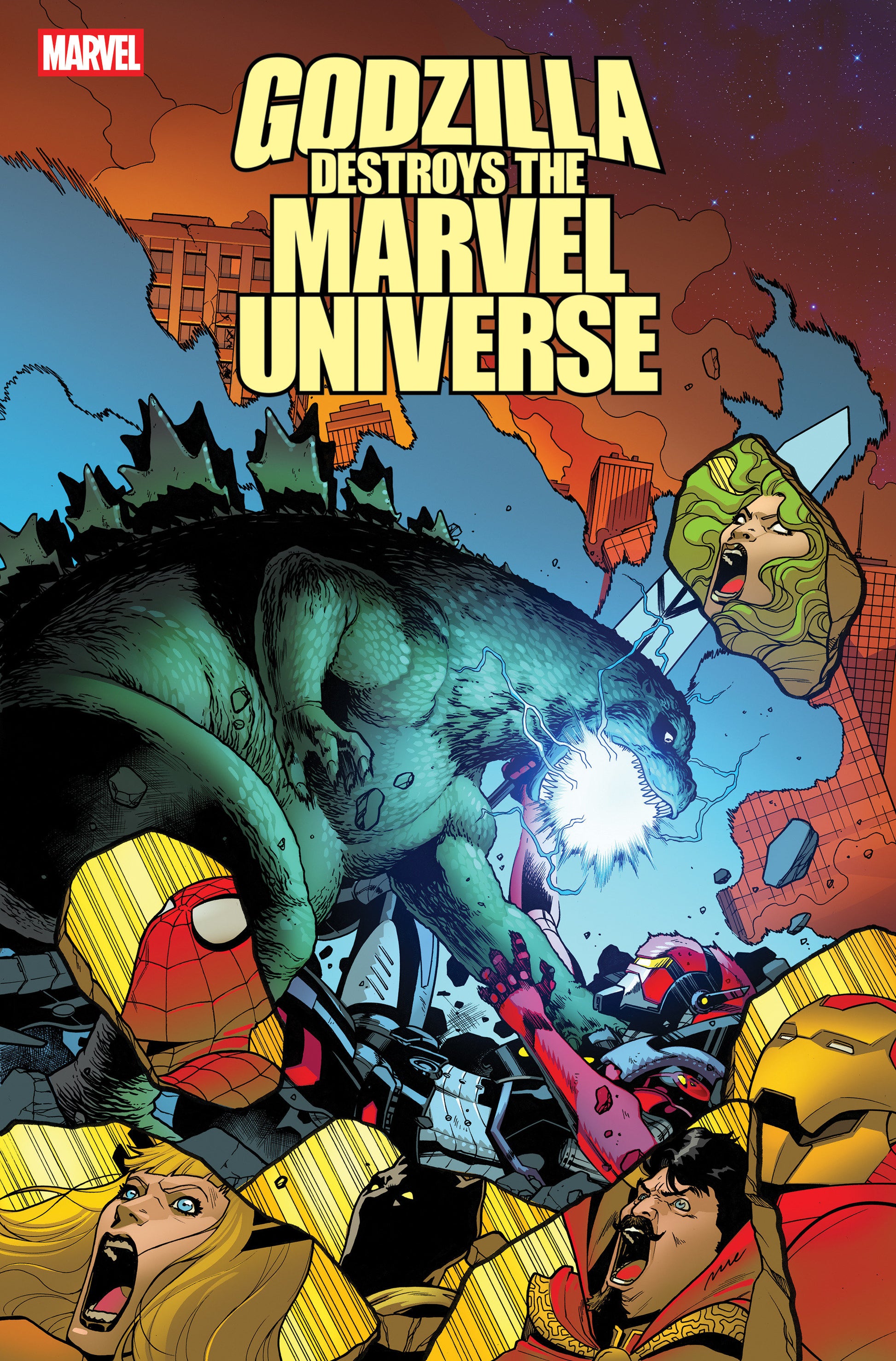 Comic book cover featuring Godzilla destroying the Marvel Universe with various characters in the foreground.