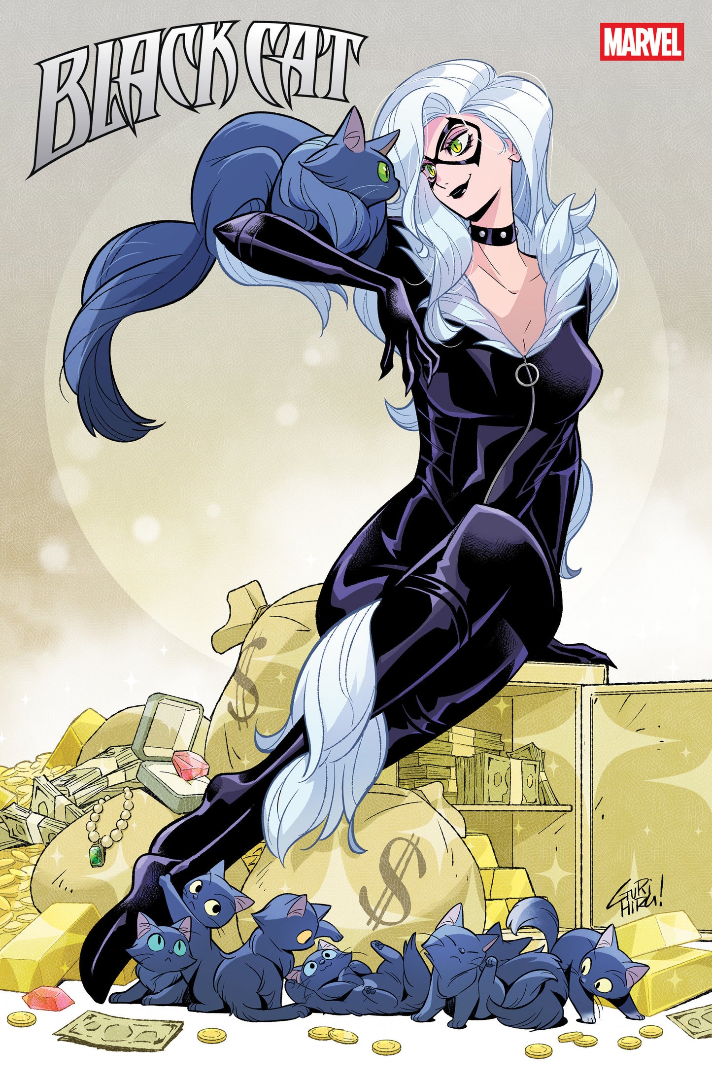 Comic book cover featuring a character in a black outfit with blue accents, surrounded by money and jewelry.