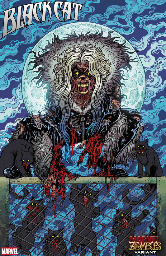Comic book cover featuring a monstrous character with black cats and a blue background.