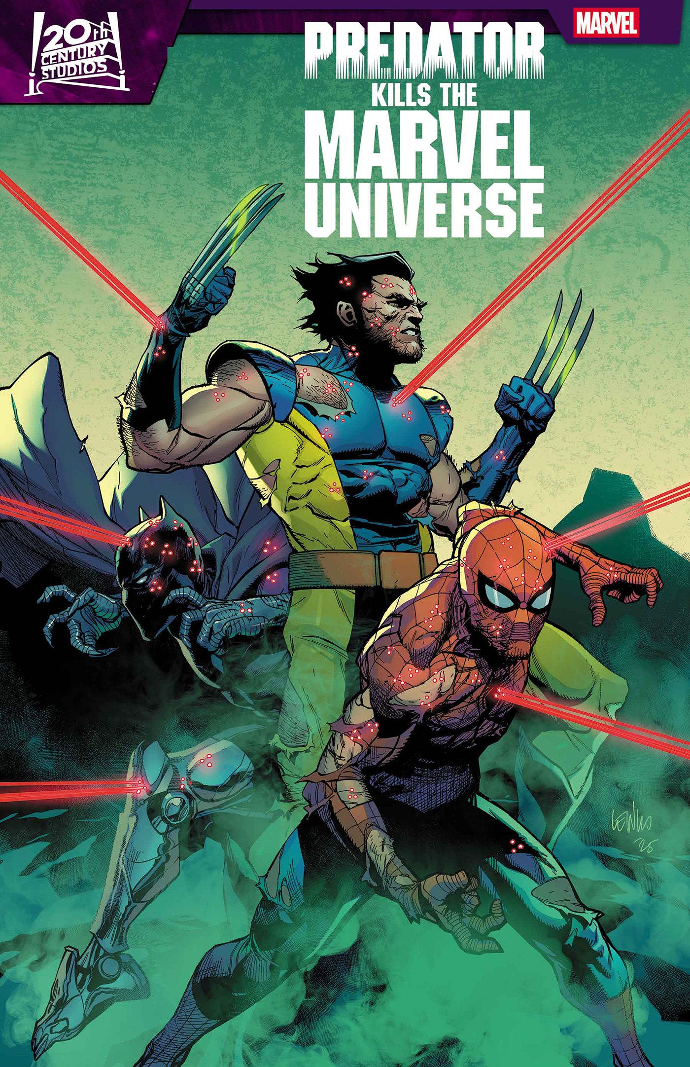 Comic book cover featuring a character with a weapon and text 'Predator kills the Marvel Universe' on a green background.