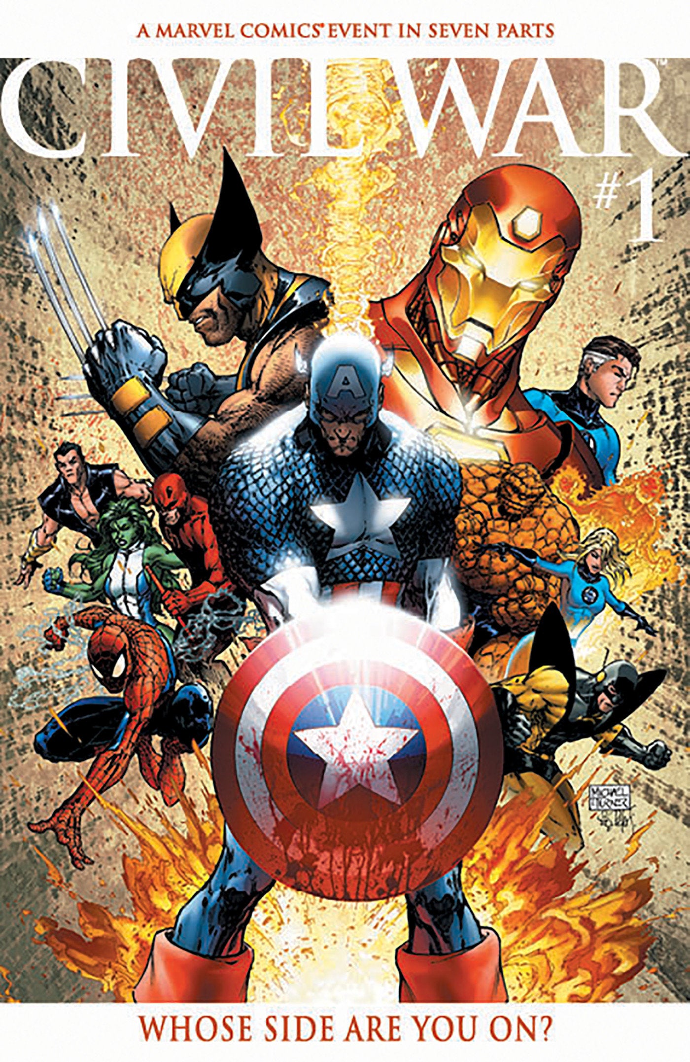 Comic book cover featuring superhero characters with 'Civil War' title