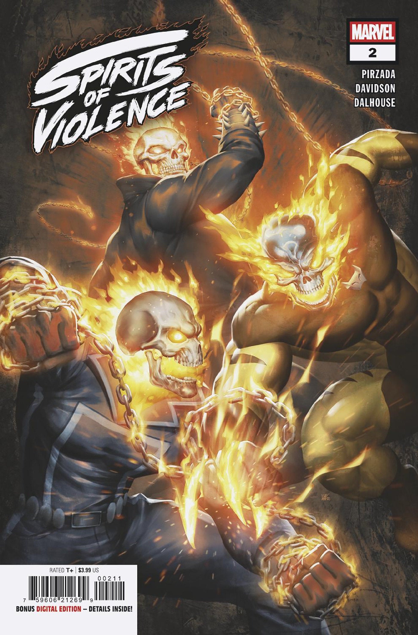 Comic book cover featuring characters with fiery effects and 'Spirits of Violence' title.