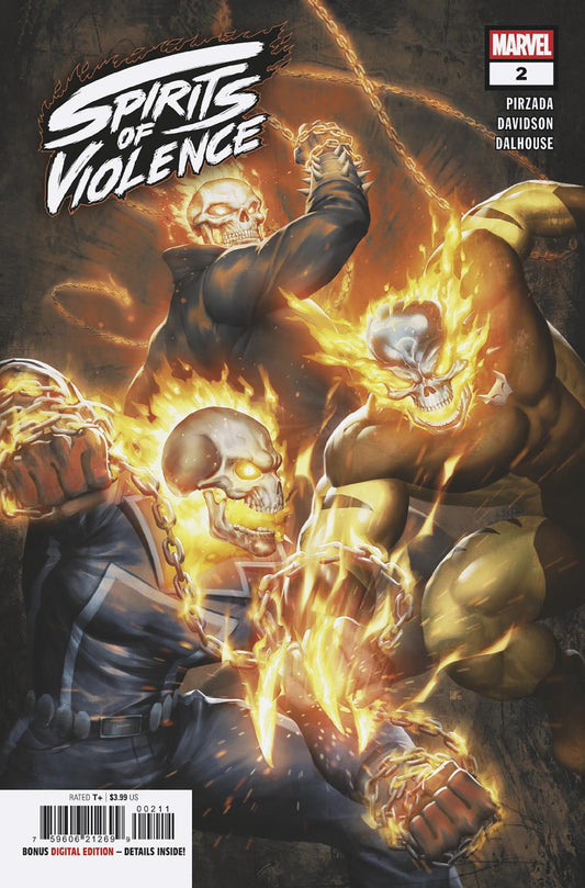 Comic book cover featuring characters with fiery effects and 'Spirits of Violence' title.