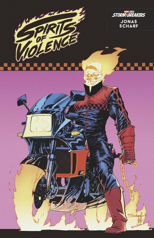 Comic book cover featuring a character on a motorcycle with 'Spirits of Violence' text.