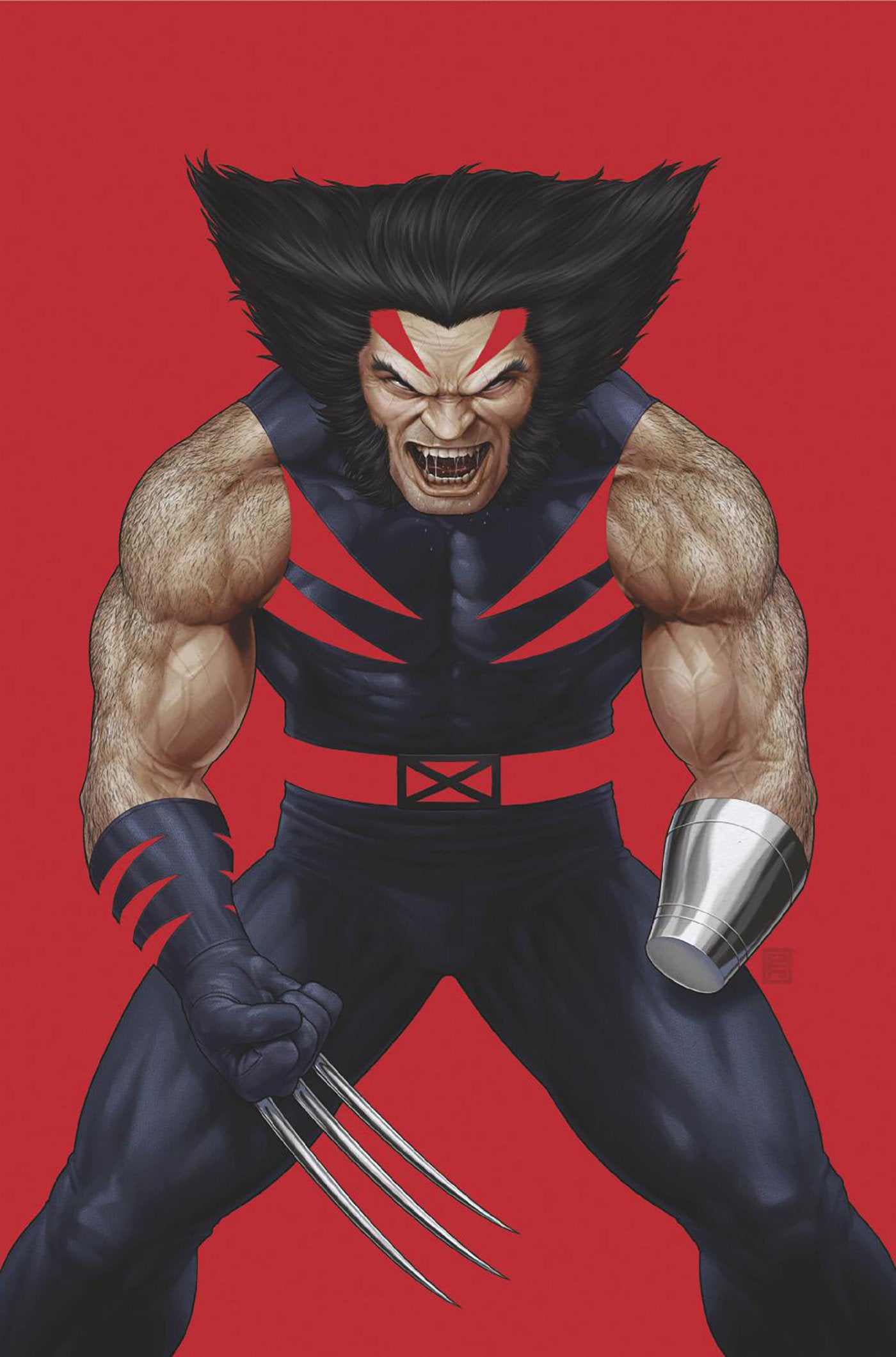 Superhero character in a dynamic pose on a red background