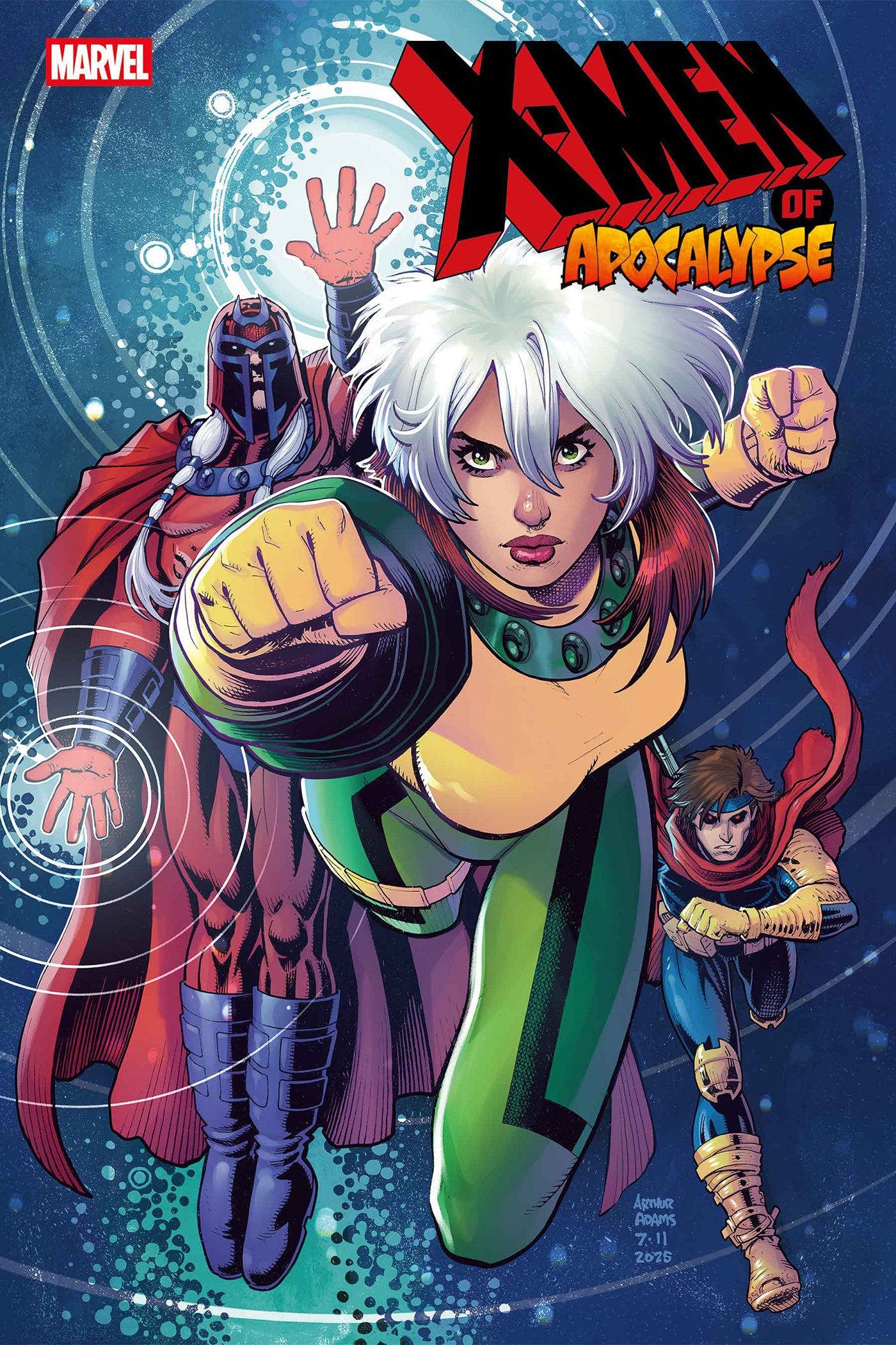 Comic book cover featuring a superhero character with a blue and red background