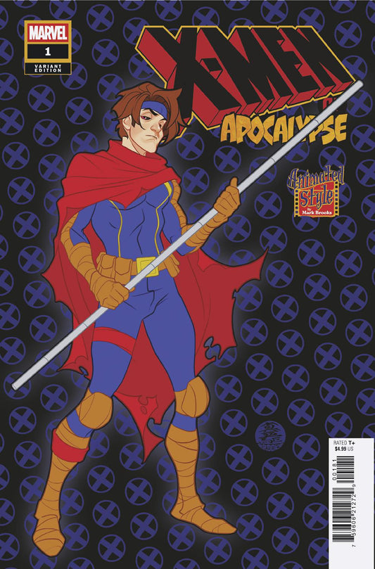 Comic book cover featuring a superhero character with a red cape and blue suit on a patterned background.