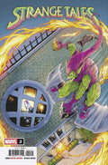 Comic book cover of 'Strange Tales' featuring a superhero on a rooftop with flames and a building in the background.