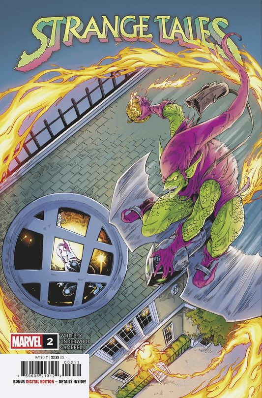 Comic book cover of 'Strange Tales' featuring a superhero on a rooftop with flames and a building in the background.