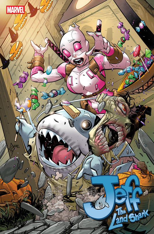 Comic book cover featuring a character on a shark with colorful candy elements and 'Marvel' logo.