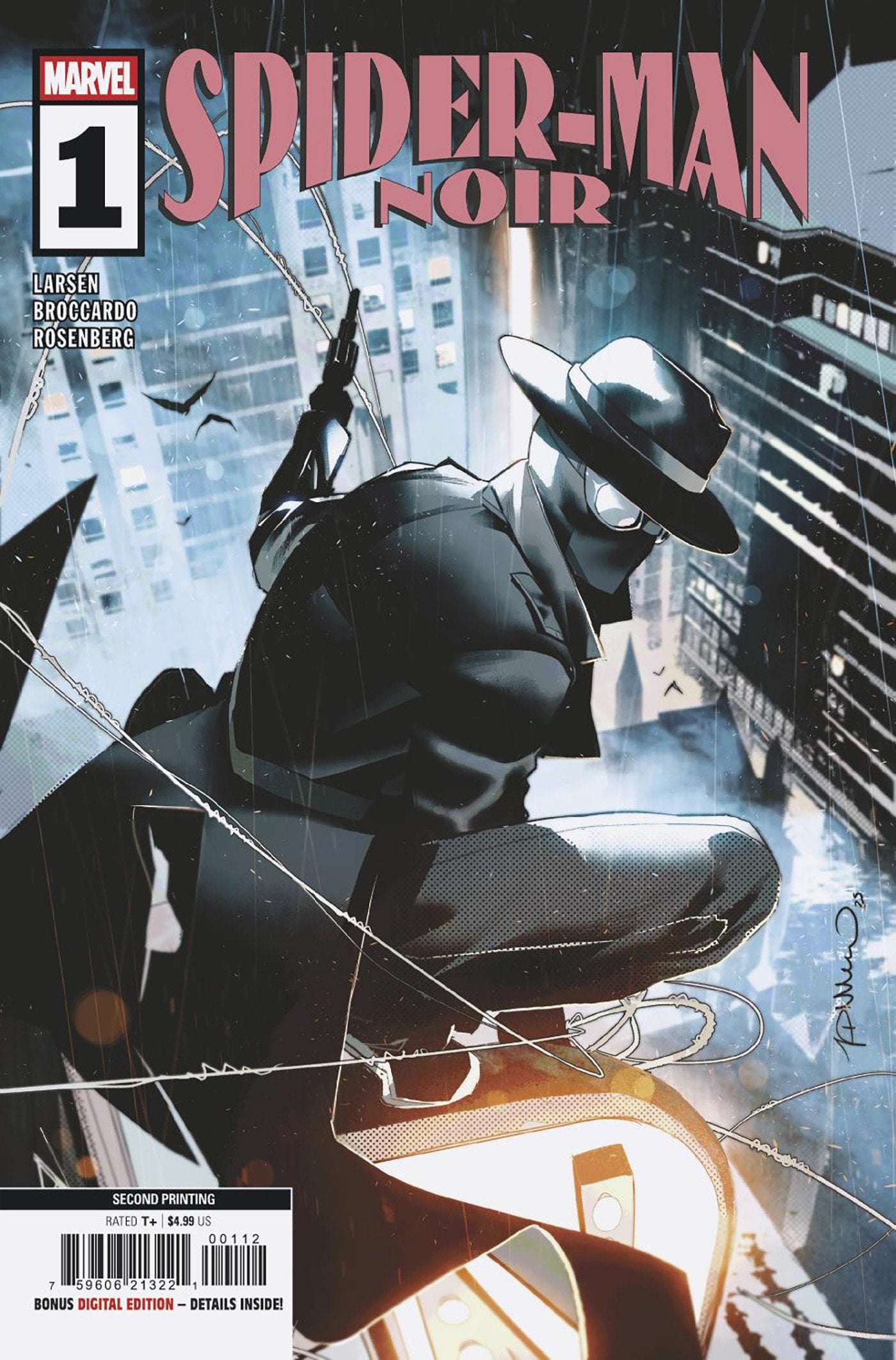 Comic book cover of 'Spider-Man Noir' with a character in a suit and hat overlooking a cityscape.