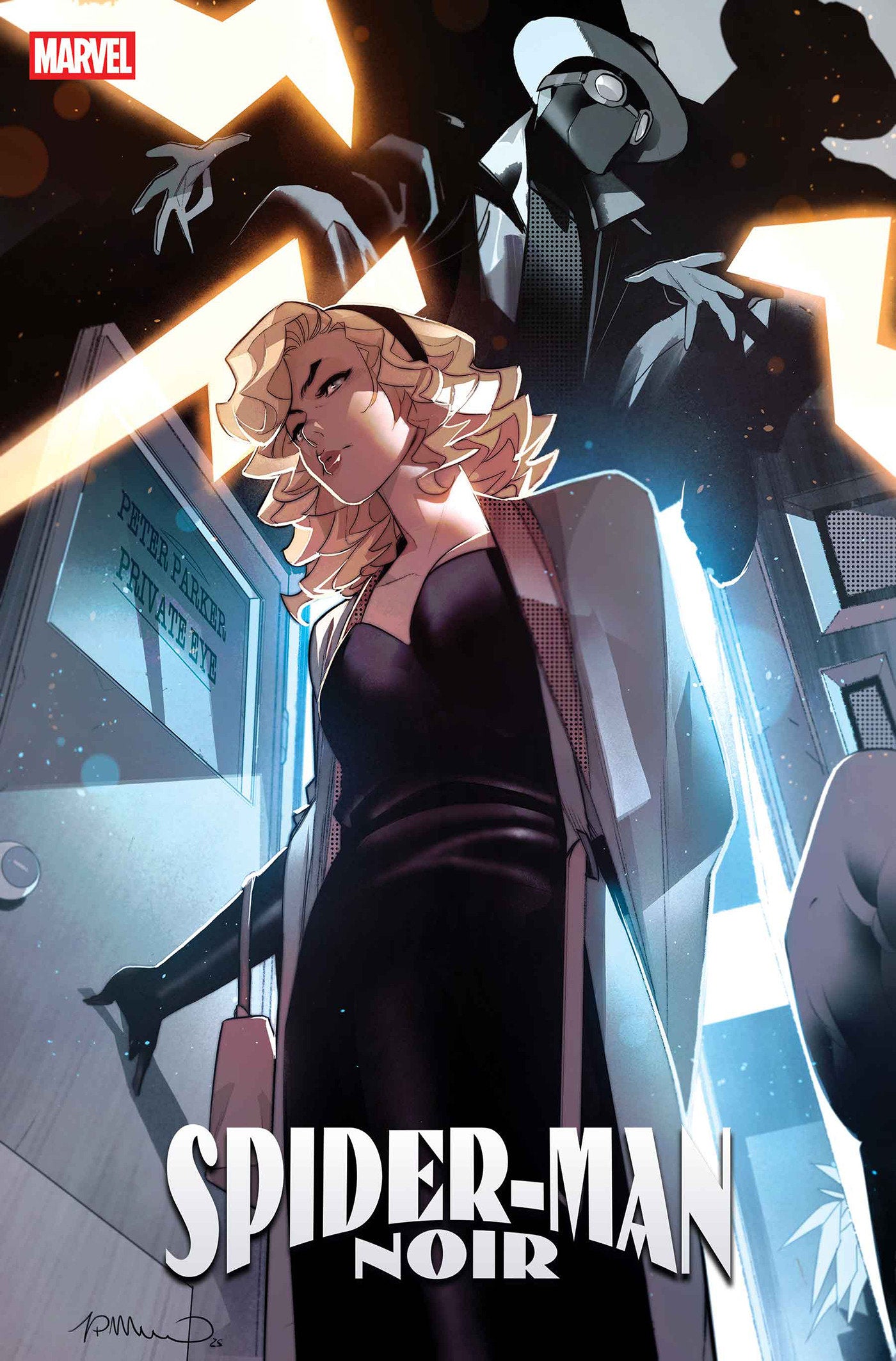 Comic book cover featuring Spider-Man Noir with a superhero in a suit and mask.