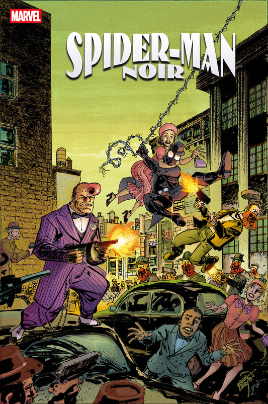 Comic book cover featuring Spider-Man in a noir style with cityscape background