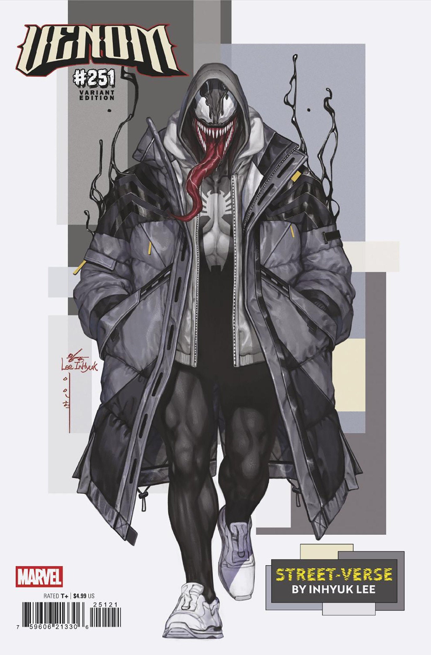Comic book cover featuring Venom character with gray coat and red symbiote, Marvel logo visible