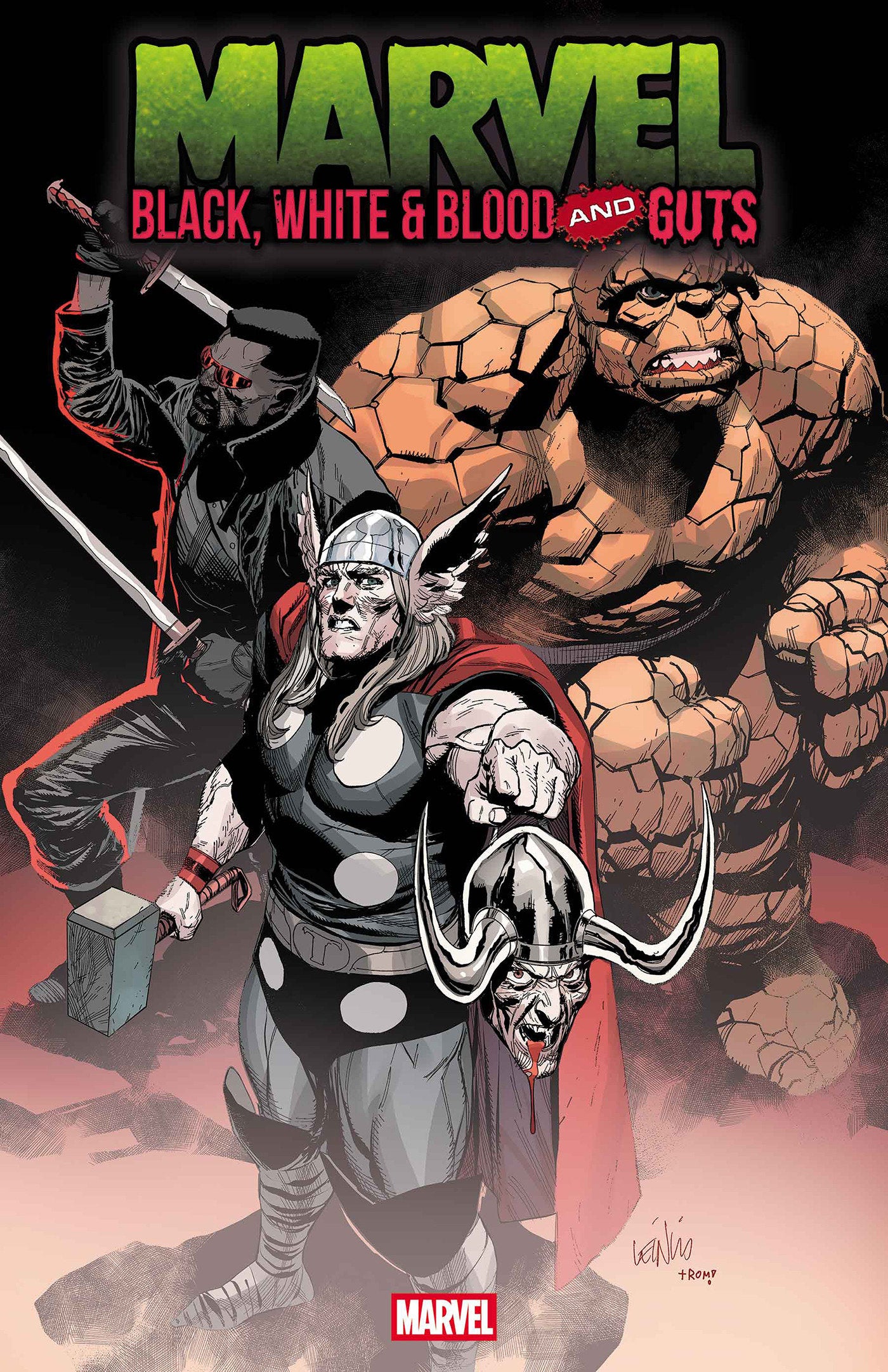 Comic book cover featuring Thor, a warrior, and the Hulk with text 'Marvel Black, White & Blood and Guts'.