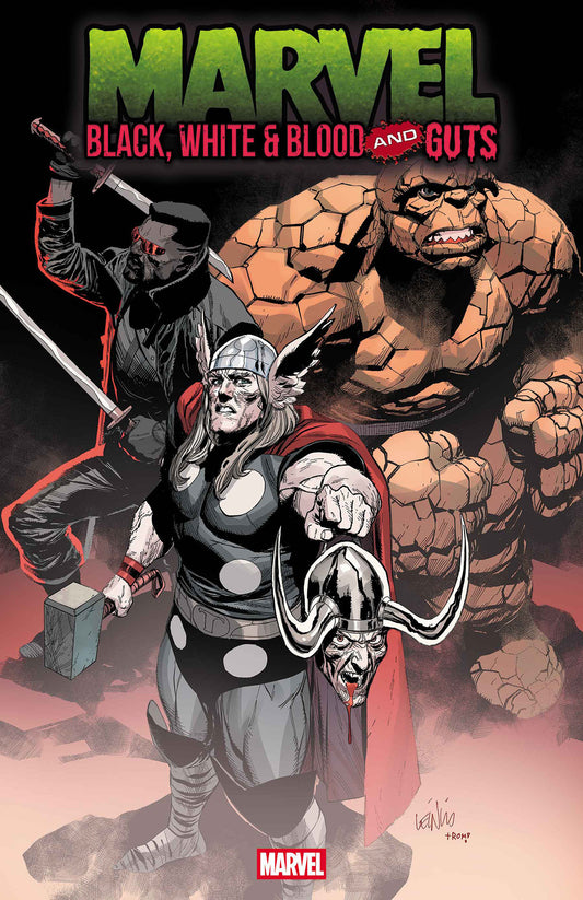 Comic book cover featuring Thor, a warrior, and the Hulk with text 'Marvel Black, White & Blood and Guts'.