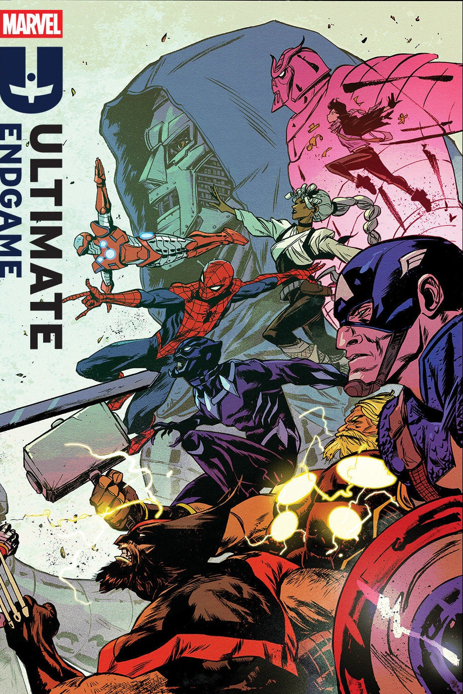 Comic book cover featuring Marvel characters in a battle scene with 'Ultimate Endgame' text.