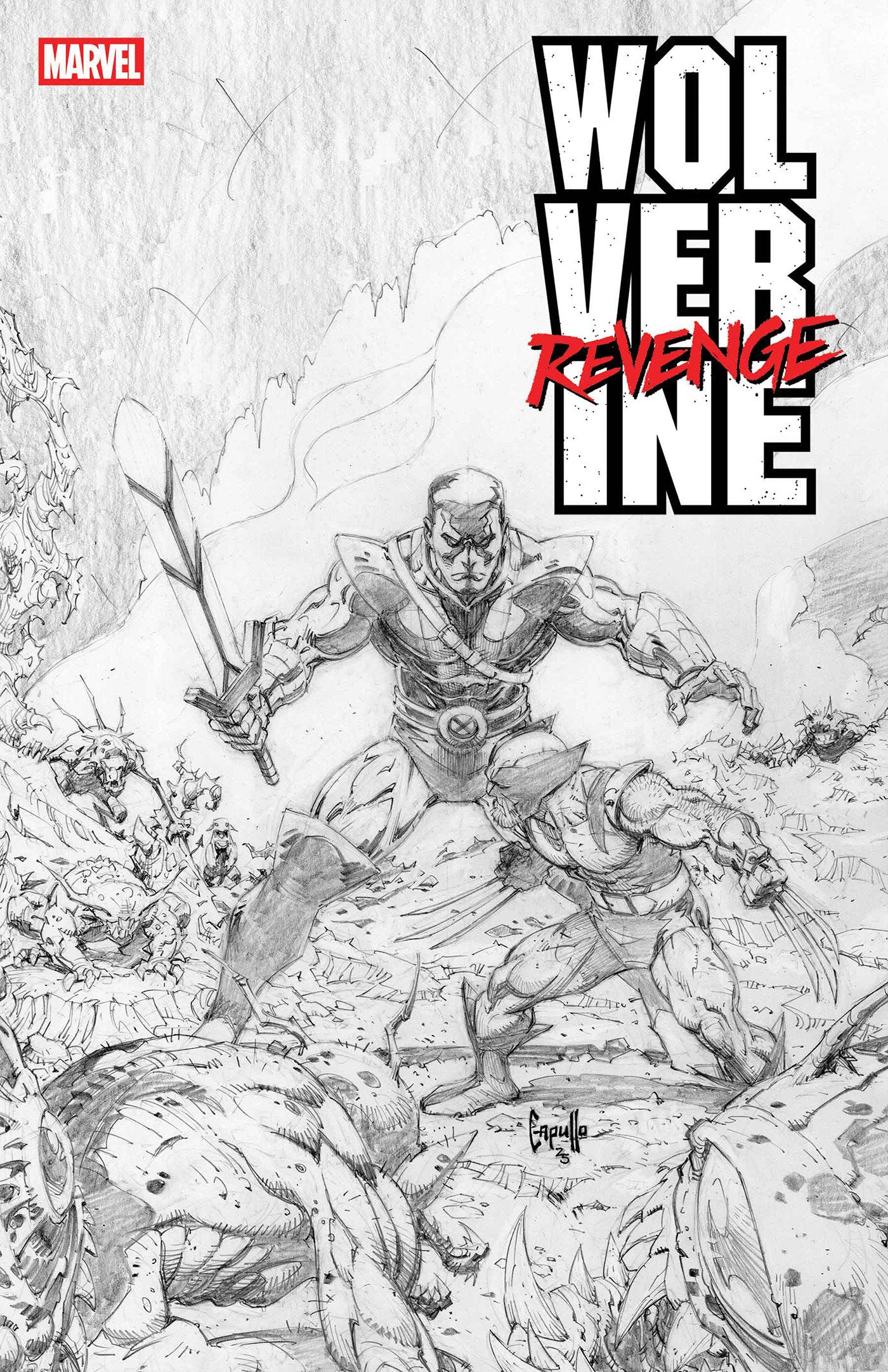 Comic book cover featuring a black and white illustration of a superhero in action, with 'Marvel' logo and 'Wolverine: Revenge Line' text.