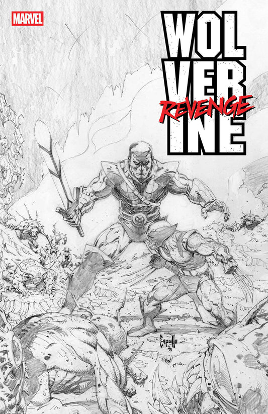Comic book cover featuring a black and white illustration of a superhero in action, with 'Marvel' logo and 'Wolverine: Revenge Line' text.