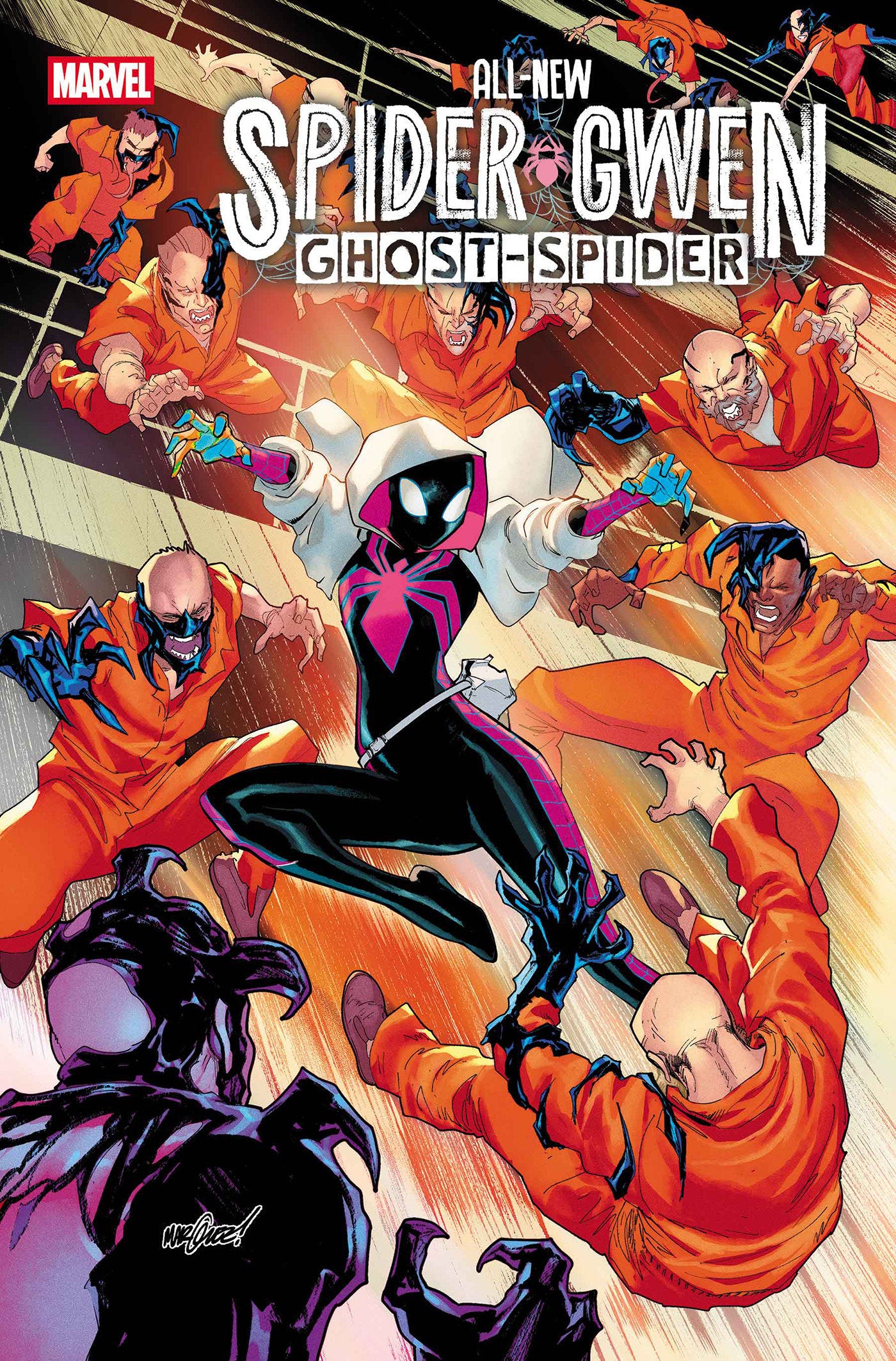 Comic book cover featuring Spider-Gwen and Ghost-Spider with敌人 in orange jumpsuits.