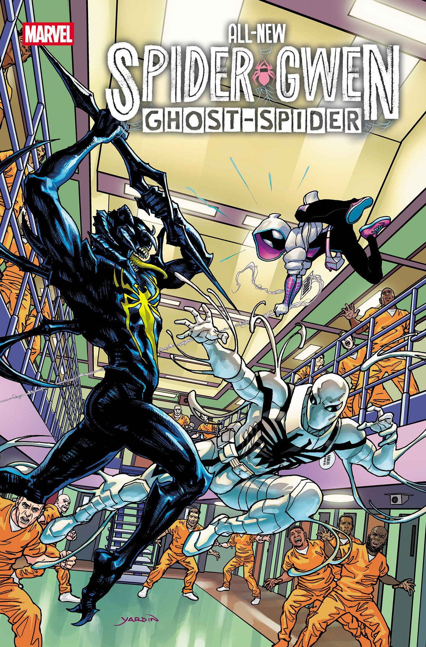 Comic book cover featuring Spider-Gwen and Ghost-Spider in a superhero action scene.